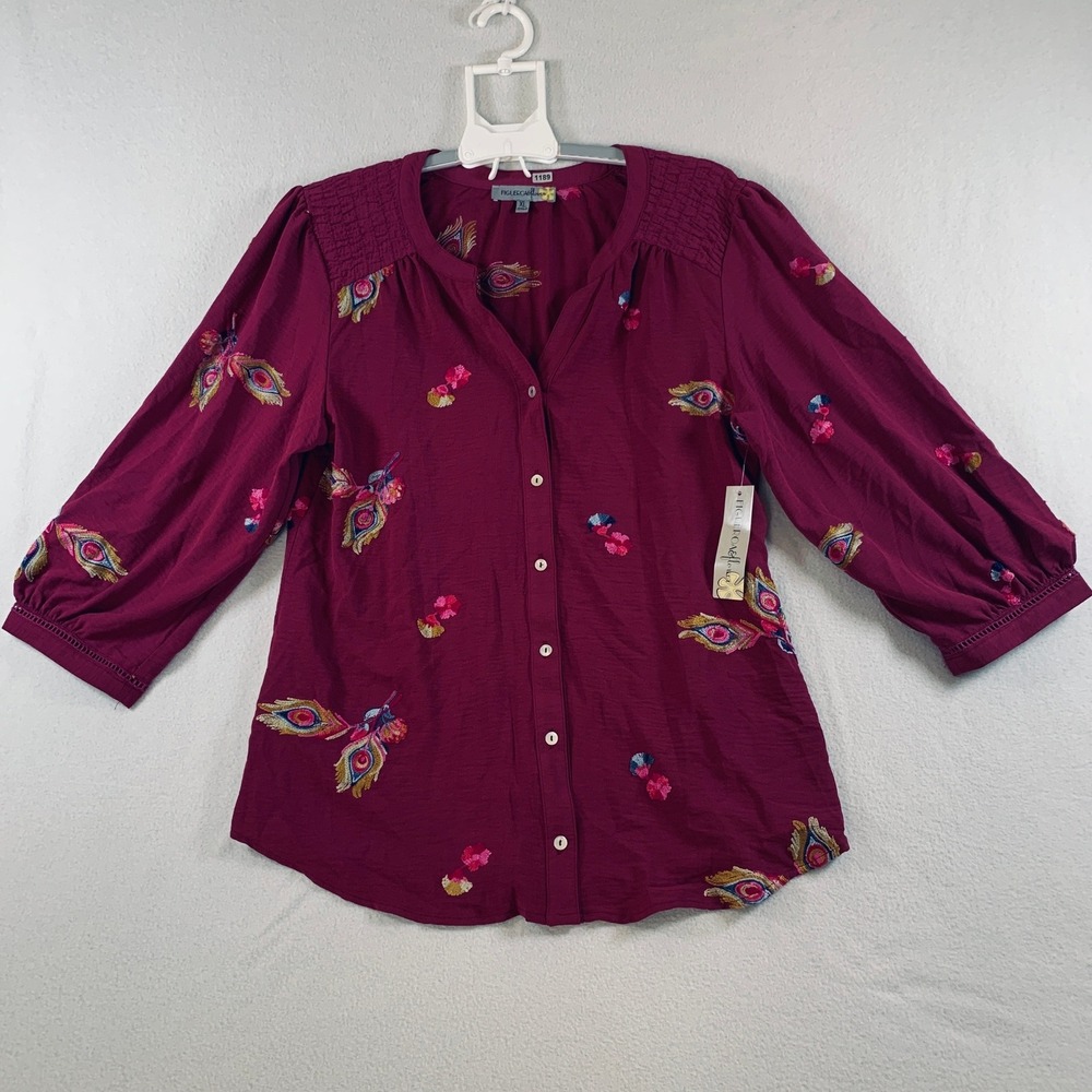 NWT Figueroa & Flower Women's‎ 3/4 Sleeve Button Embroidered Boho Blouse Red XL